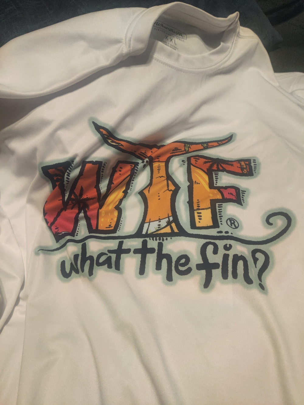 Quiksilver White Long Sleeve Rash Guard with Colorful 'What The Fin?' Graphic